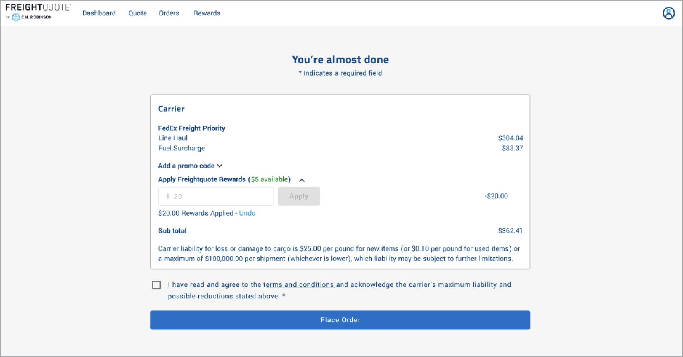 Freightquote shipping rewards program checkout screen