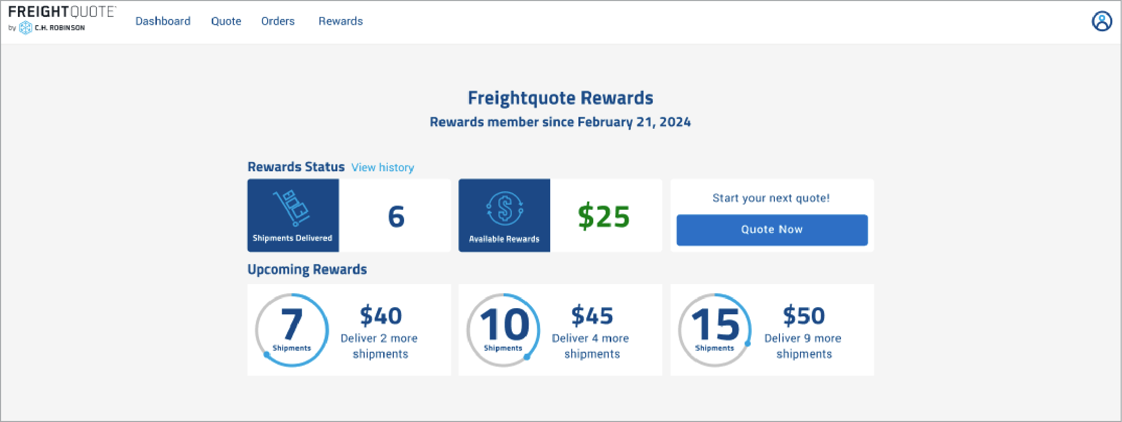 Freightquote rewards dashboard screenshot