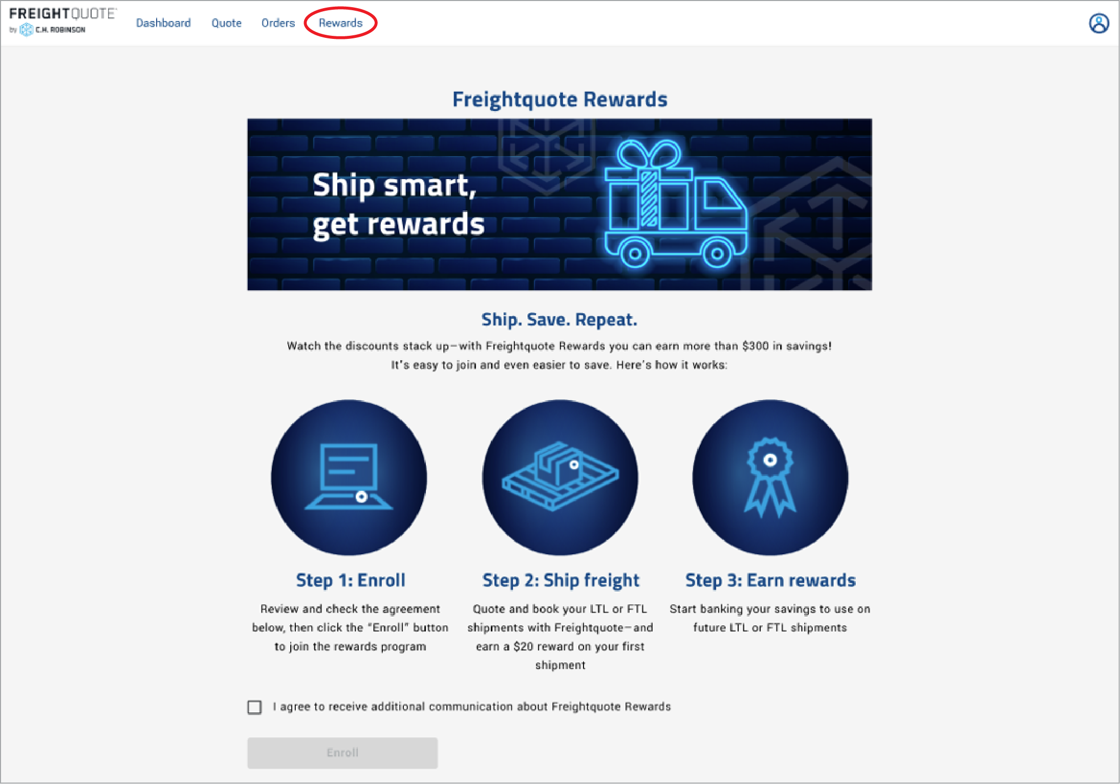 Freightquote rewards enrollment dashboard screenshot