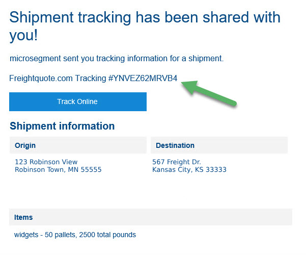 Freightquote email confirmation with tracking number | mock example